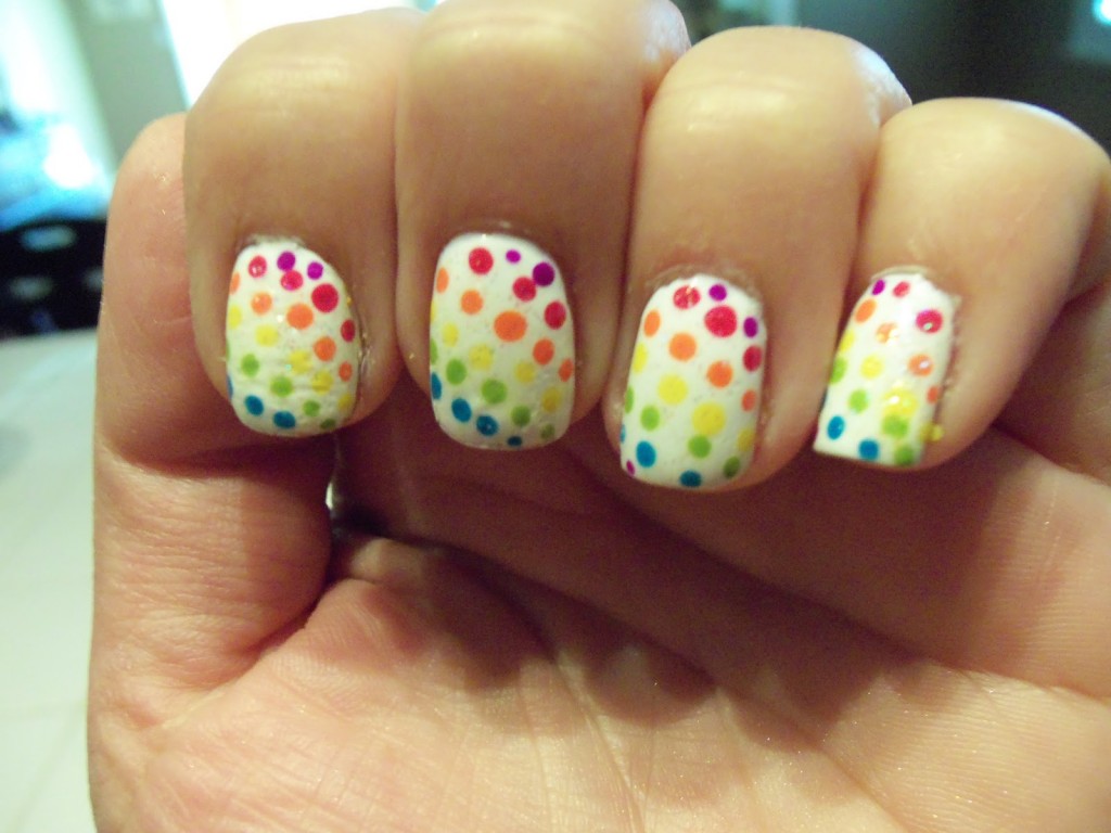 differnent colours and white polka dots